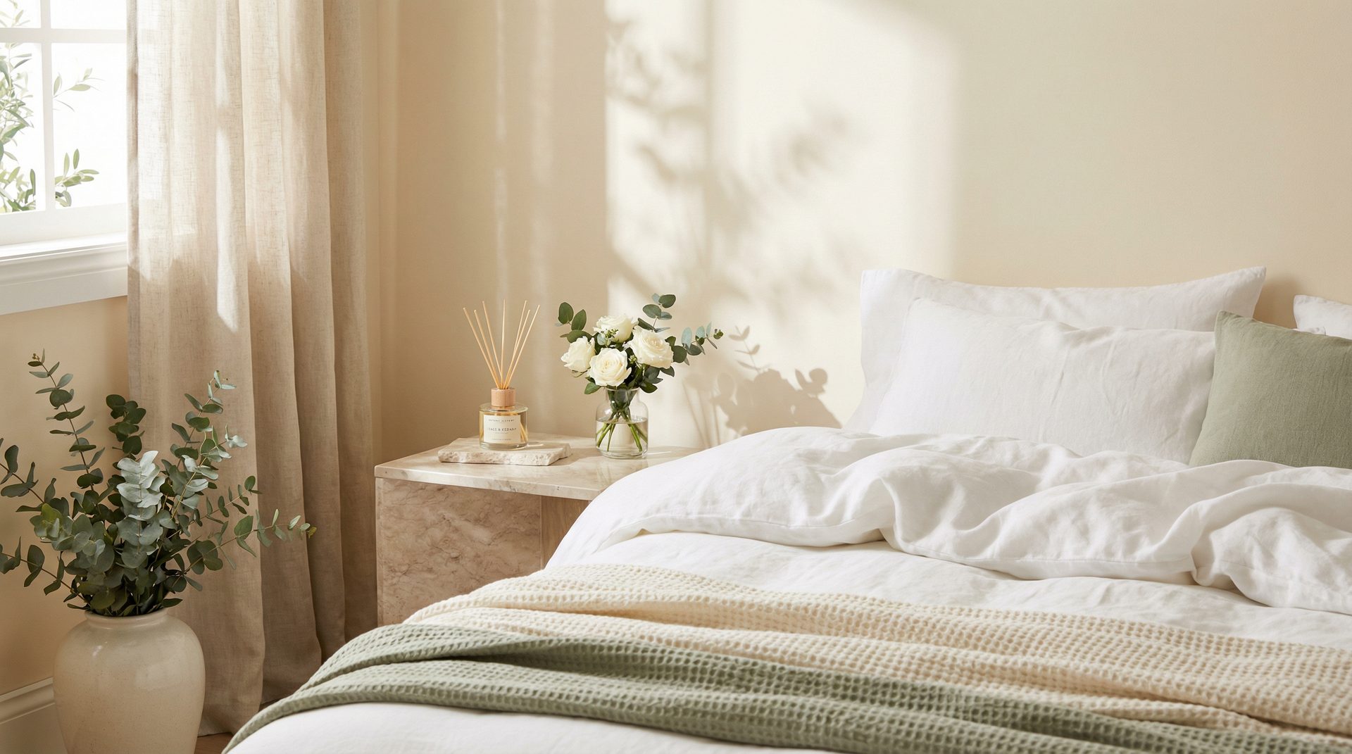 La Sente reed diffuser in a beautifully styled bedroom
